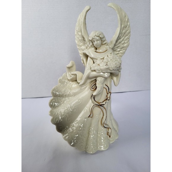 Palm Tree White Angel Cherub Figurine With Flower Gold Accent Porcelain Ceramic - Picture 1 of 7